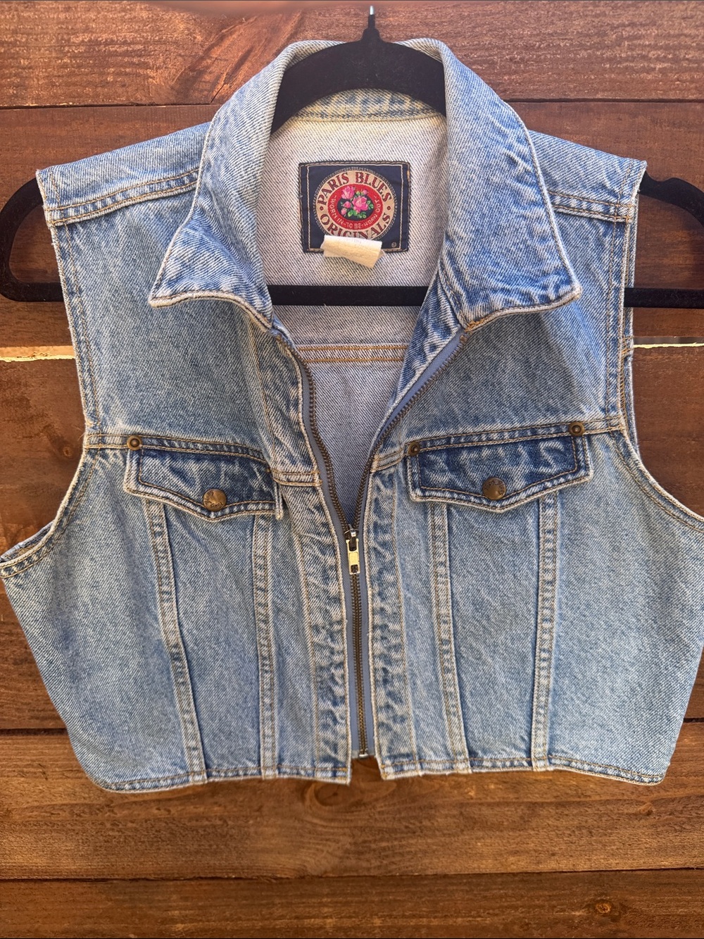 Paris Blues Light Blue Denim Zip-Front Cropped Vest